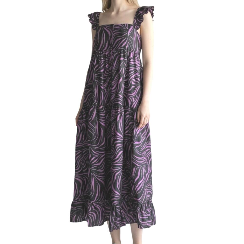 En Saison Size Small Midi Dress Tiger Print Purple Black Sleeveless Tiered Party